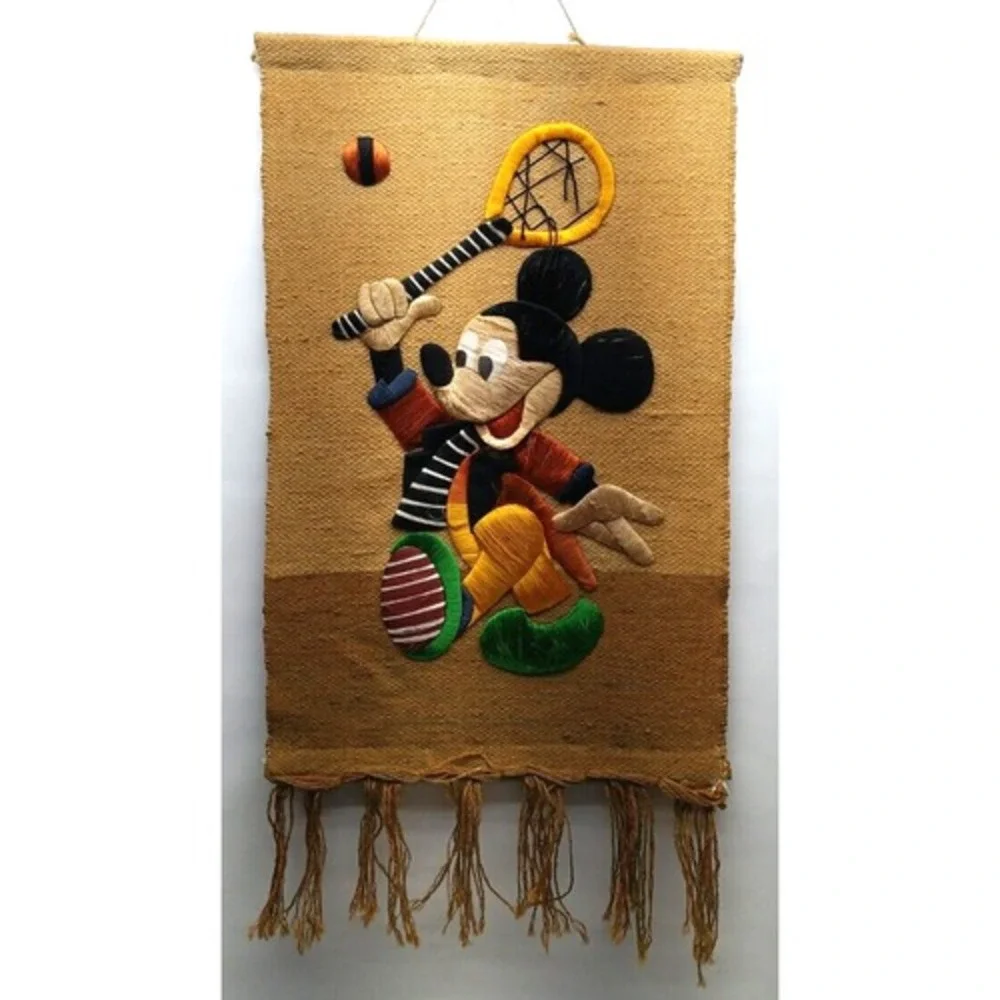 MICKEY MOUSE Woven Burlap Vintage‎ Wall Hanging Tapestry Embroidery Plays Tennis